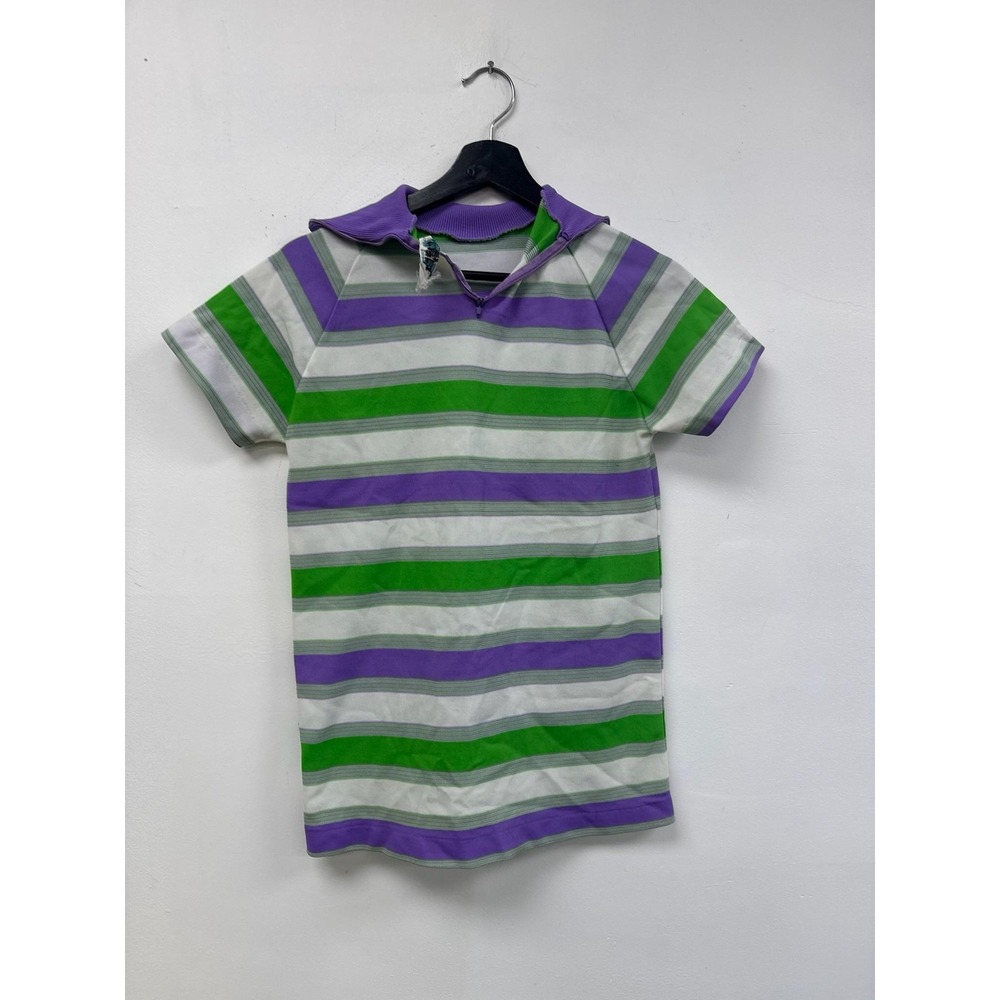 Vintage Cellini‎ Striped Shirt Womens Medium Green Purple Zip Polyester 70s